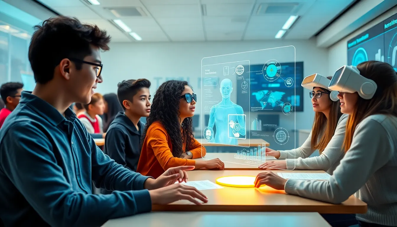 futuristic classroom with AI and VR technology enhancing education.