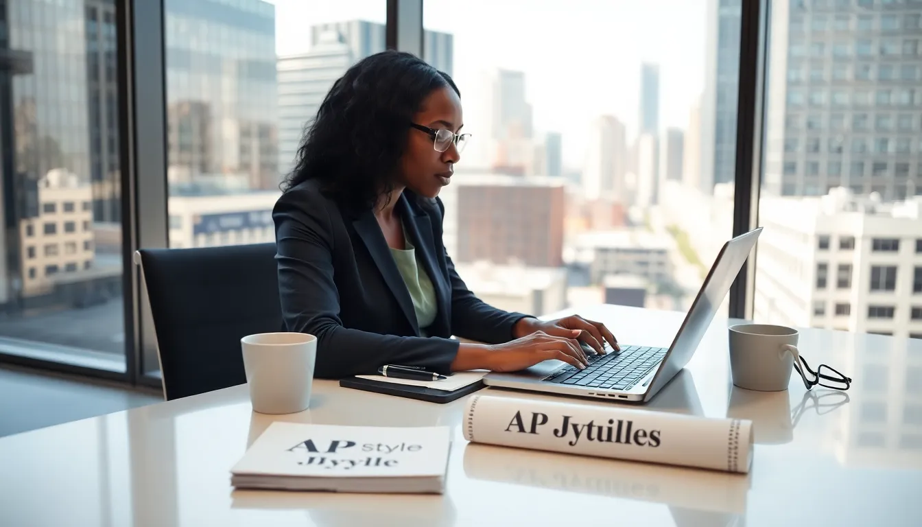 journalist working on AP Style guidelines in a bright office.