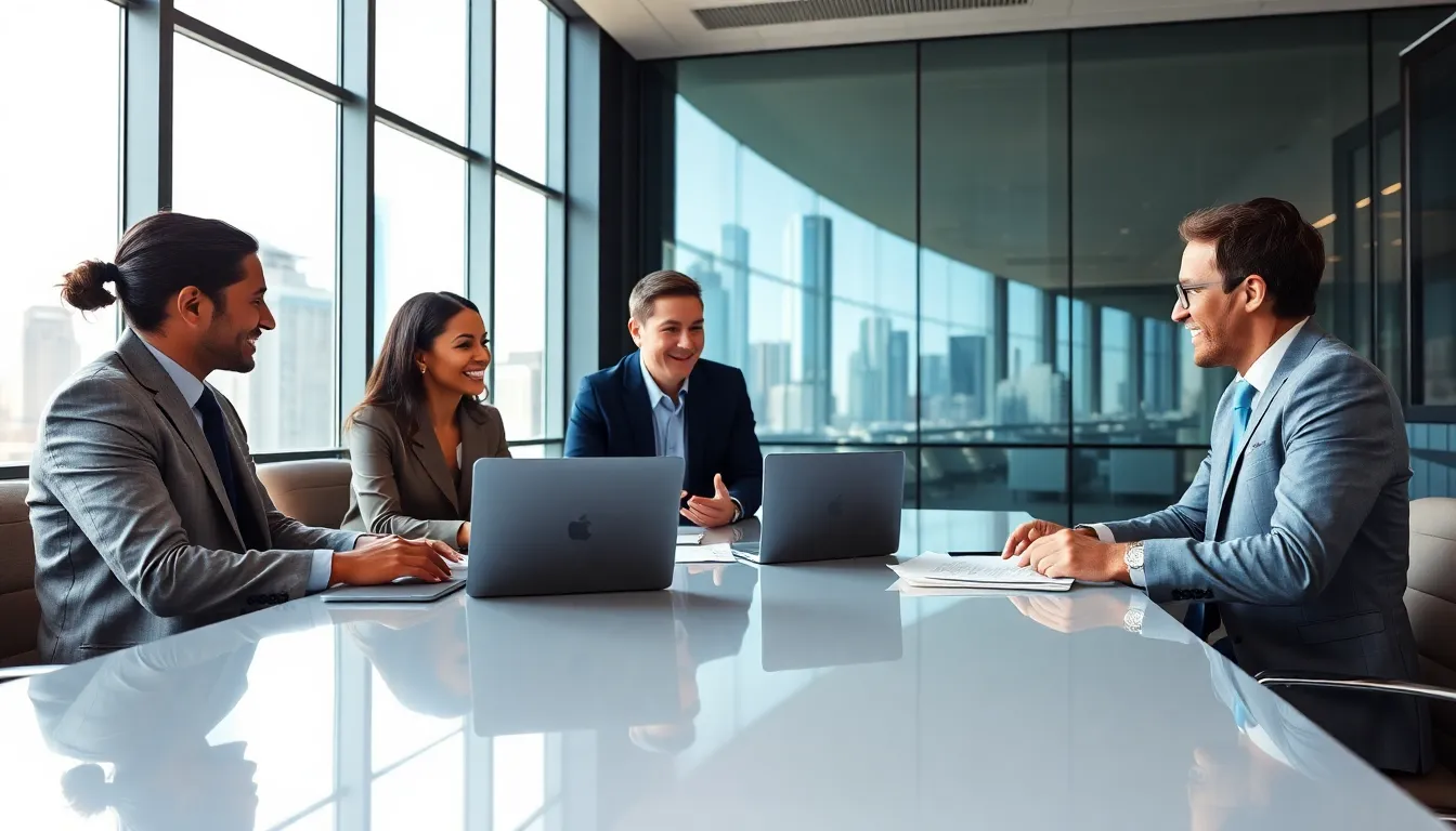 diverse professionals discussing global affairs in a modern Chicago office.