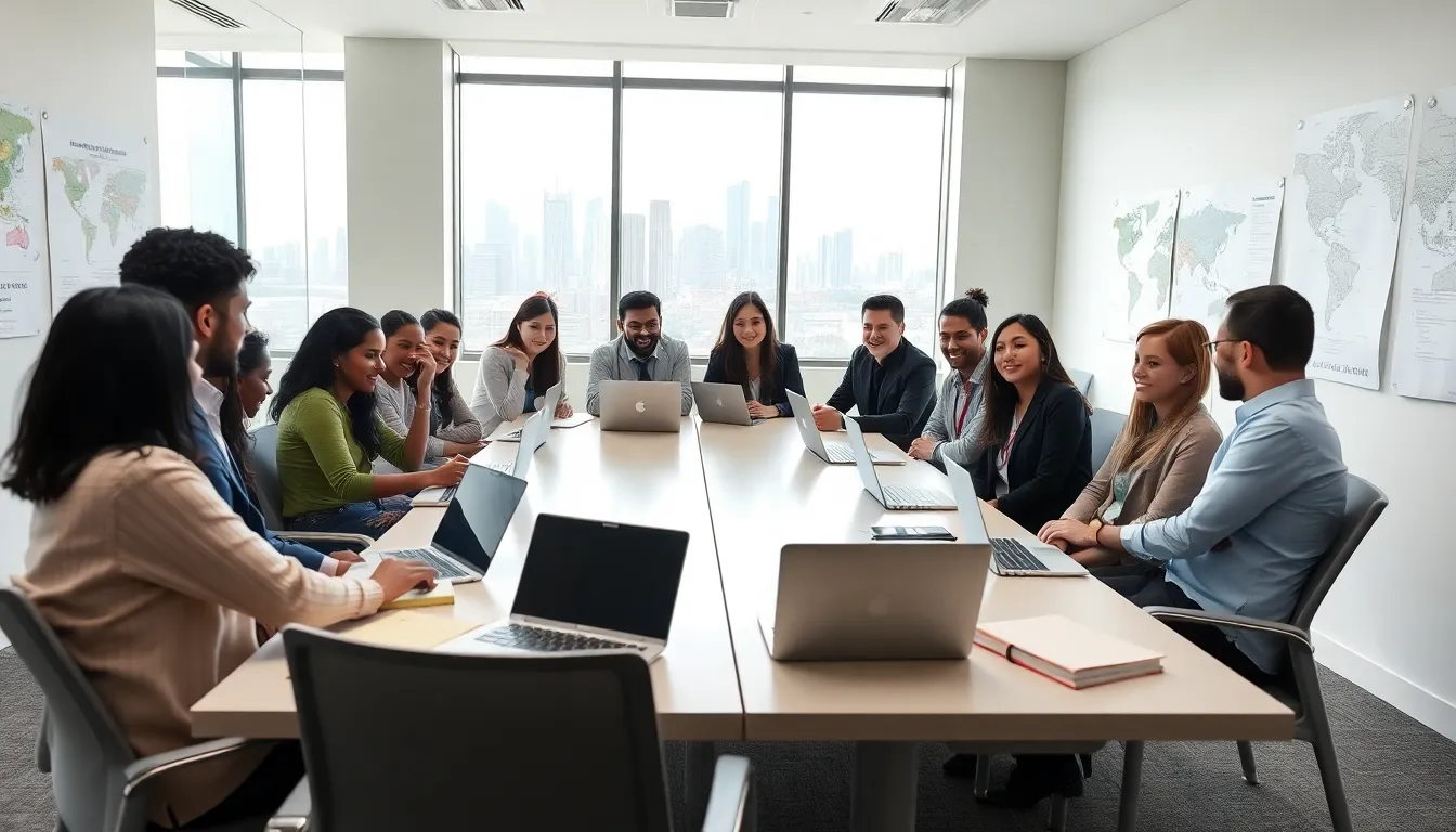 Diverse students discussing global affairs in a modern classroom.