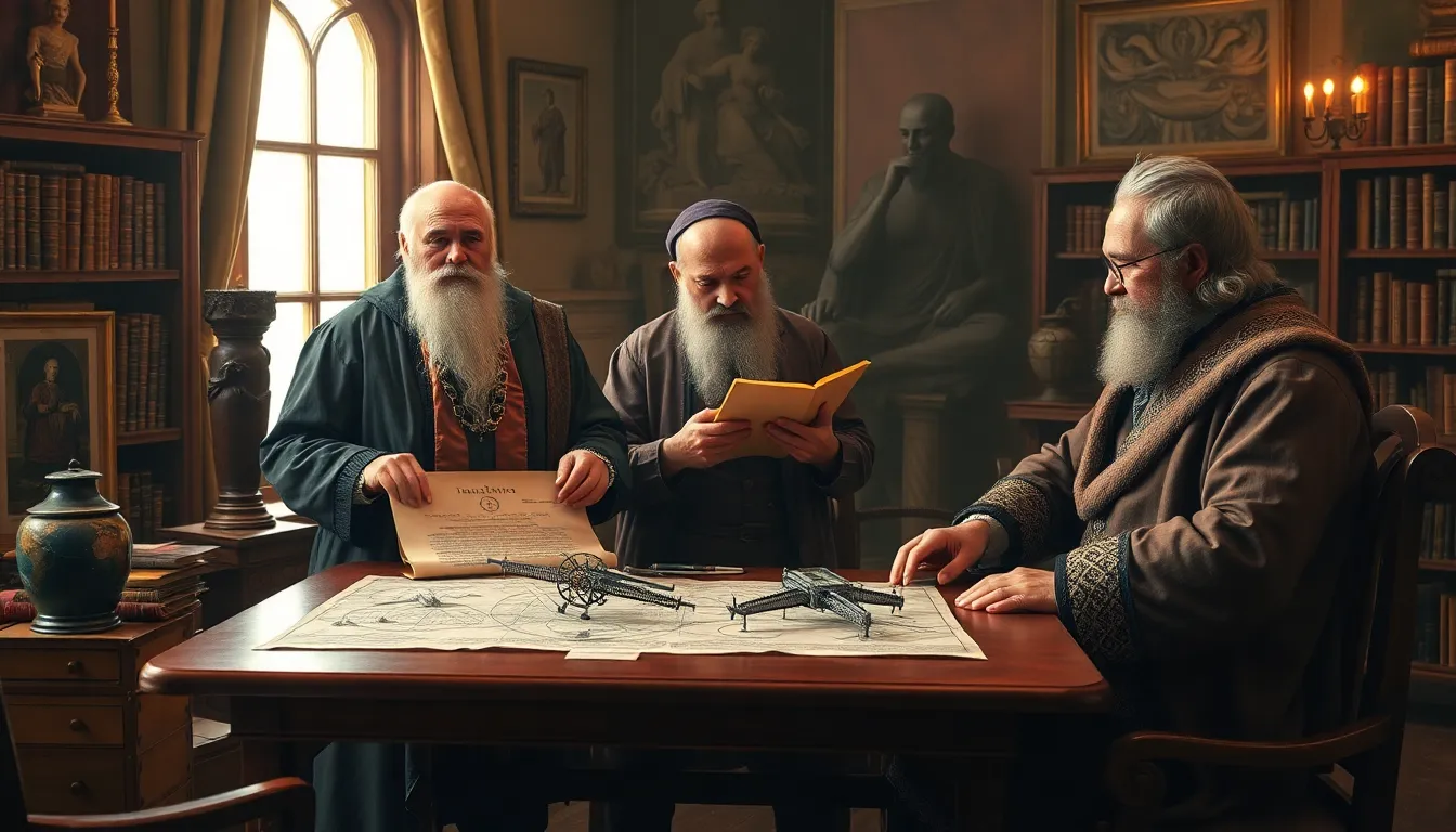 historical figures pondering future predictions in a vintage study.