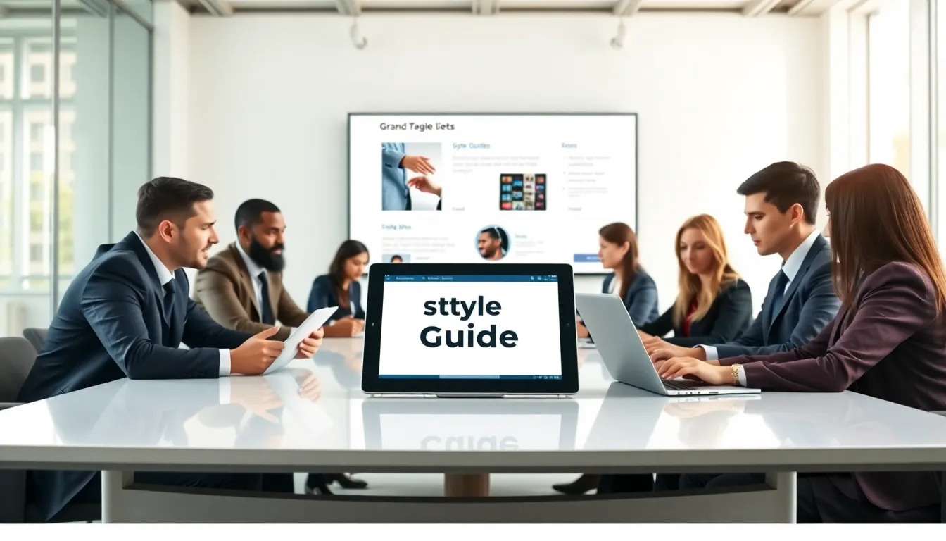 diverse team discussing style guides in a modern office setting.