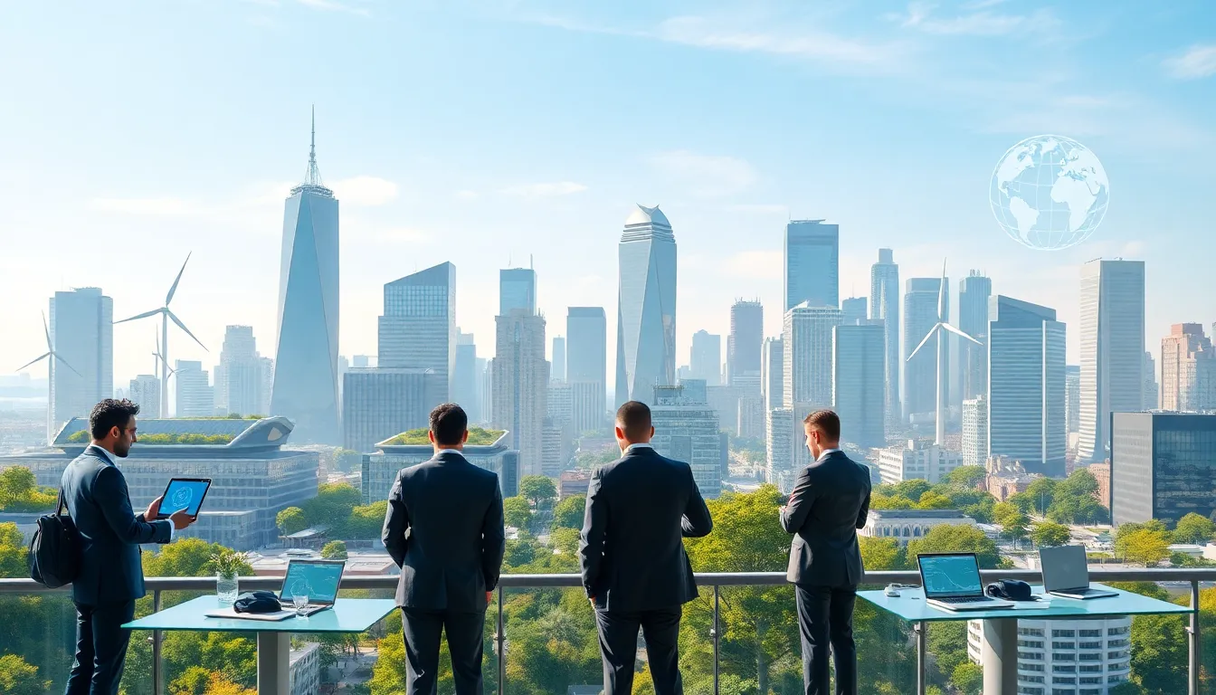 futuristic city with diverse professionals collaborating on sustainability solutions.