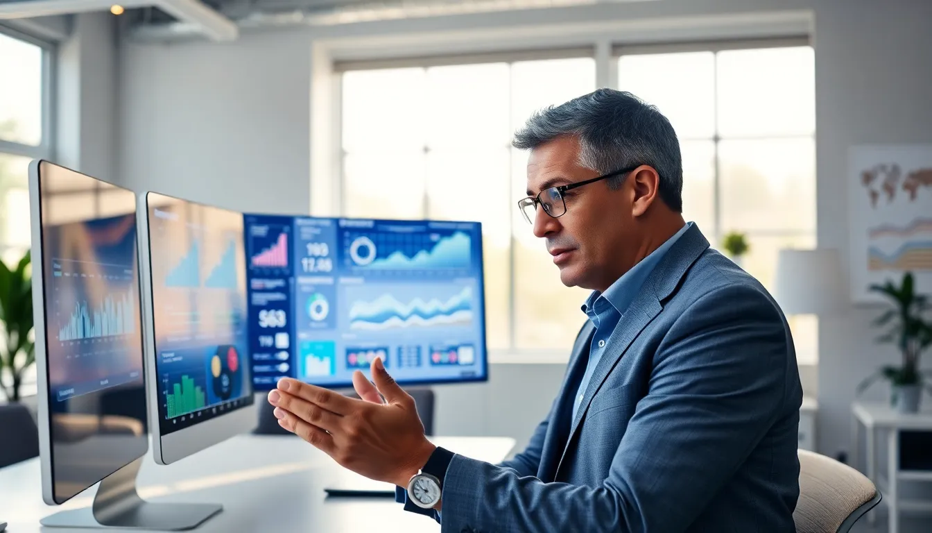 futurist analyzing trends in a modern office environment.