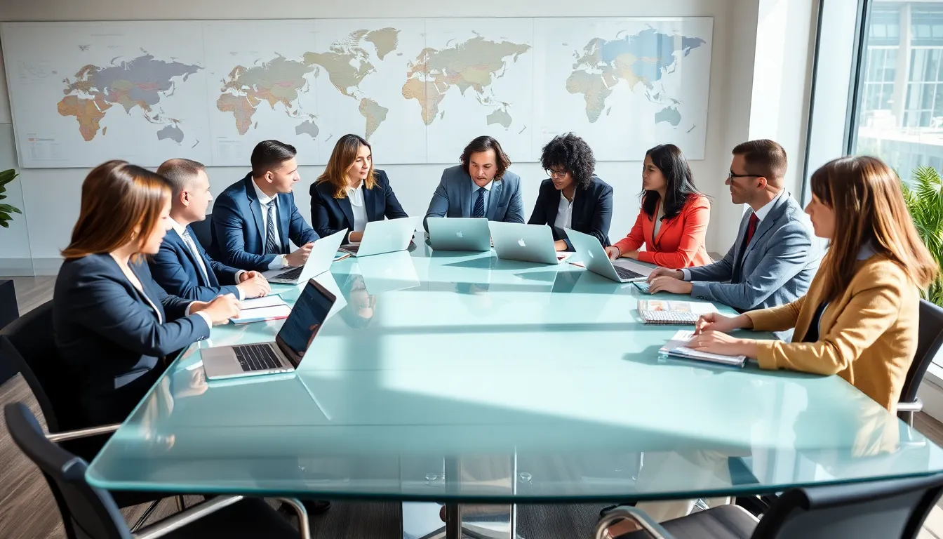 diverse professionals discussing global affairs in a modern office.