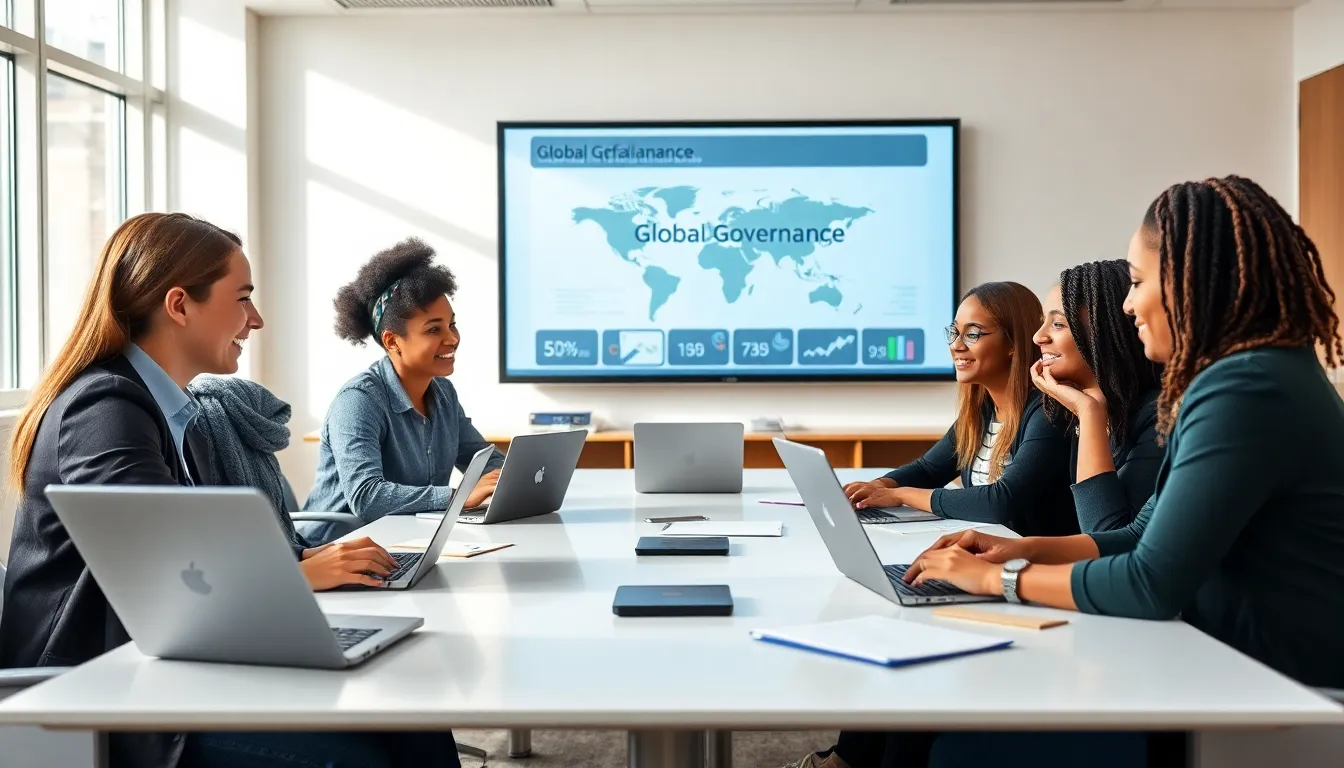 diverse students discussing global affairs in a modern classroom.