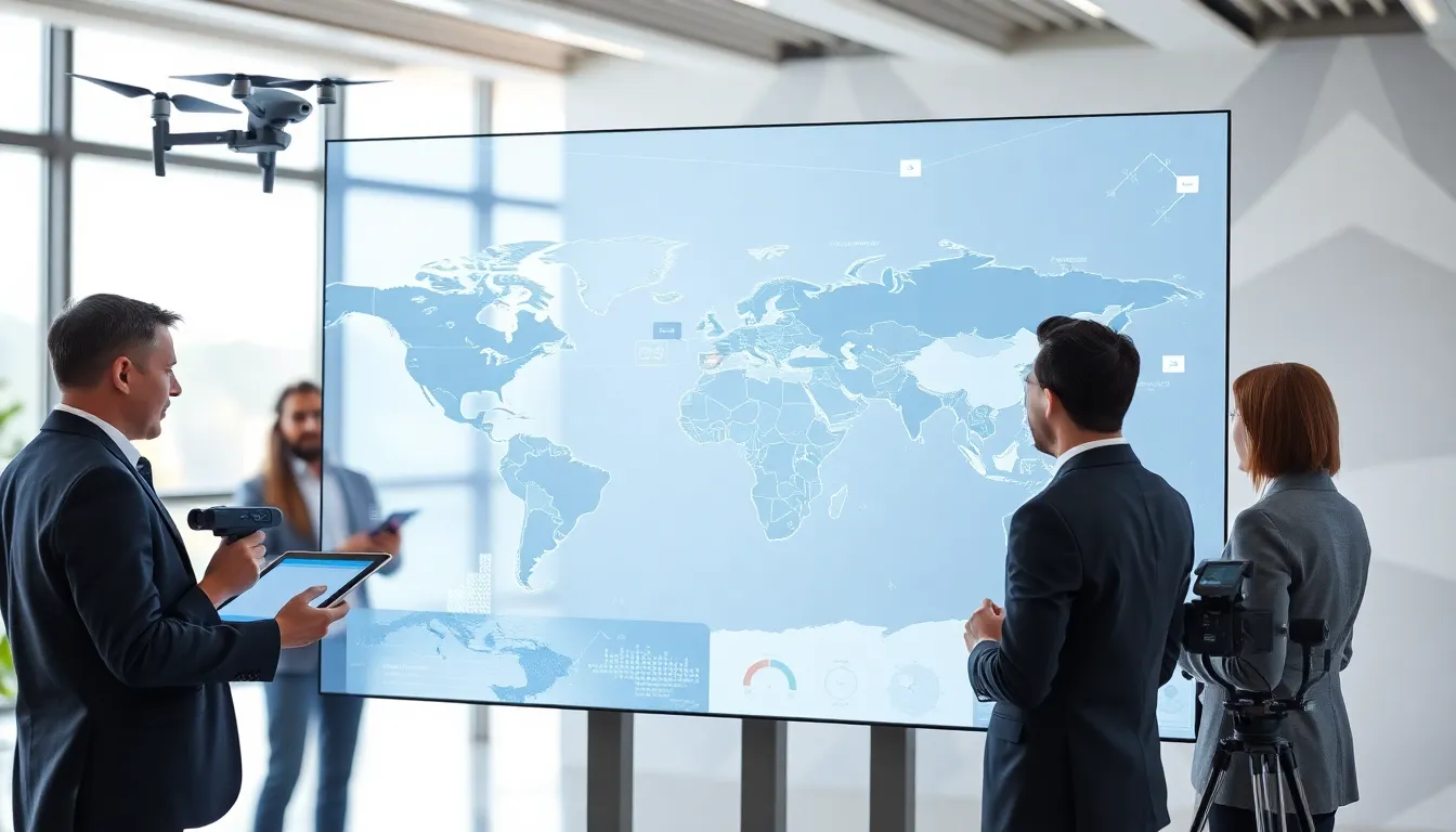 futuristic digital map in a modern office with diverse professionals.